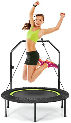 GYMAX Trampoline de Fitness φ101cm, Mini Trampoline Pliable avec Poignée en Mousses Réglable en Hauteur, Bonne Résistance, Installation Facile, pour Adultes & Enfants, Charge 150KG