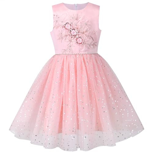 Sunny Fashion Mädchen Kleid Rosa Blumen- Stern Perle Pailletten Funkeln Tüll Party Kleid Gr. 134,Rosa Blumenpailletten,134