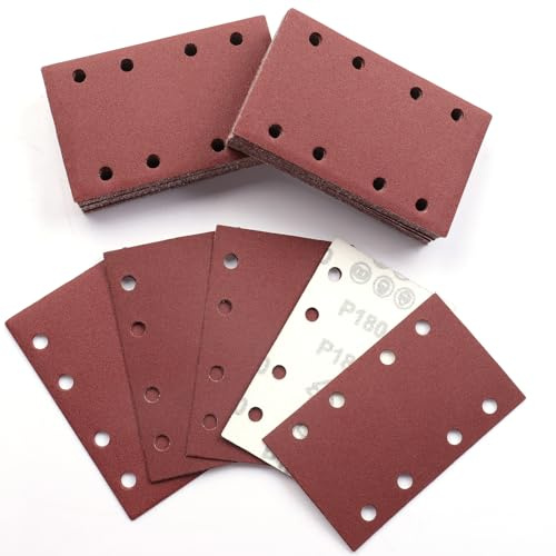 Sruhrak 80x133mm Schleifpapier, 50 Stück Schleifblatt 180 Körnung Set Rechteckiges Schleifblatt Klett 8 Löcher Schleifpad für Schwingschleifer