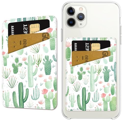 CREATCABIN Porta Carte Credito Adesivo Cactus Phone Wallet in Pelle Cellulare Porta Carte Credito Sottile Doppia Tasca Il Retro della Custodia del Telefono Compatibile La Maggior Parte dei 6.5×9.5cm
