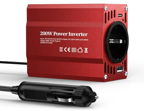 TAGEEBLU 200W Wechselrichter 12V auf 230V, spannungswandler 12v 230v mit 1 Steckdosen、Type-C 30W、USB-Schnellladung 20W