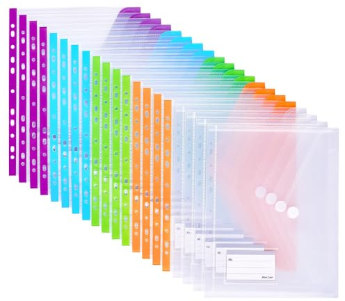 Donken Dokumententasche A4 Abheftbar, Wasserdichte Dokumentenmappe Sammelmappen mit Klettverschluss & Etikettentasche, Bunte Mappen für Dokumente Organisieren (20 Stück, Bunt & Transparent)