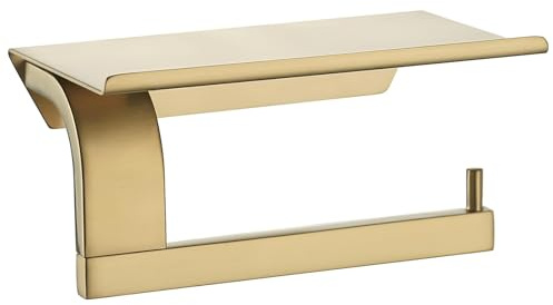 Gold Toilet Roll Holder Wall Mounted, Brushed Brass Bathroom Toilet Paper Holder with Phone Shelf, SUS 304 Stainless Steel