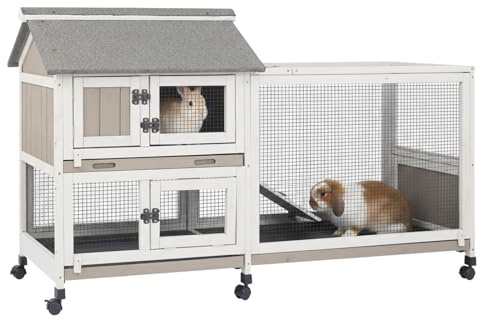 PetsCosset Rabbit Hutch Outdoor Bunny Hutch 2-Story Wooden Indoor Rabbit Cage with Run, 6 Wheels, Waterproof 3 Leak Proof Trays, Ramp, Weatherproof Asphalt Roof for Animals Pets, Expandable Design