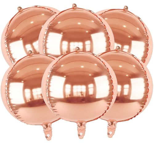 Runda folieballonger i metalliska roséguld, 55,8 cm stora 4D-sfär mylar-ballonger 6 st, för födelsedag, examen, bal, bröllopsdag, disco festdekorationer