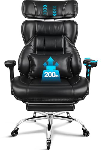 BASETBL 200 kg Heavy Duty Office Chair with Spring Seat and 3D Armrests | Extra-Wide Cushion with Adjustable Headrest, Retractable Footrest, Class 4 Gas Lift, Rubber Castors and Black PU Upholstery