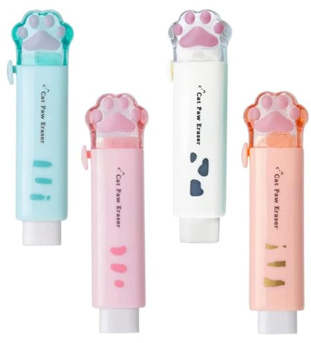BOBOZHONG 4 x Kawaii infällbara suddgummin med kattfötter, flerfärgad suddgummi, mjukt TPR-gummi för skola, kontor och skolgåvor