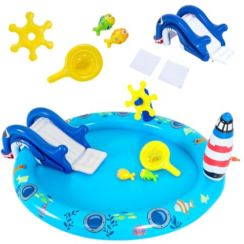 HOMASIS Piscina Gonfiabile per Bambini 2-6 Anni, Piscinetta con Scivolo Sicuro, Spruzzo a Faro e Giocattoli, Parco di Giochi in Vinile, Gonfiaggio Facile, per Cortile e Giardino, 188 x 153 x 63 cm