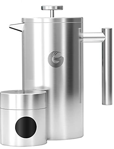 Coffee Gator French Press Kaffeemaschine 1 Liter - plus Travel Jar Kanister, Doppelwandig Isoliert Edelstahl Kaffeebereiter, Tragbare Heiße Kalte Brühe Teekanne für Haus Büro Küche Camping Outdoor