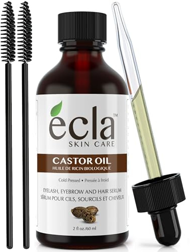 Castor Oil Organic Cold Pressed - Eyelash & Eyebrow Growth Oil 100% Pure USDA Certified 60ml - 2 Oz for Hair, Beard, Eyelashes and Eyebrows - Includes a Set of Brushes and Eyeliner Applicators kit