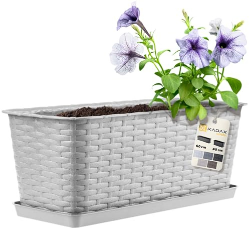 KADAX Blumenkasten 40 cm Hellgrau mit Untersetzer, Rattan-Optik – Pflanzkasten für Balkon oder Fenster, robuster Balkonkasten