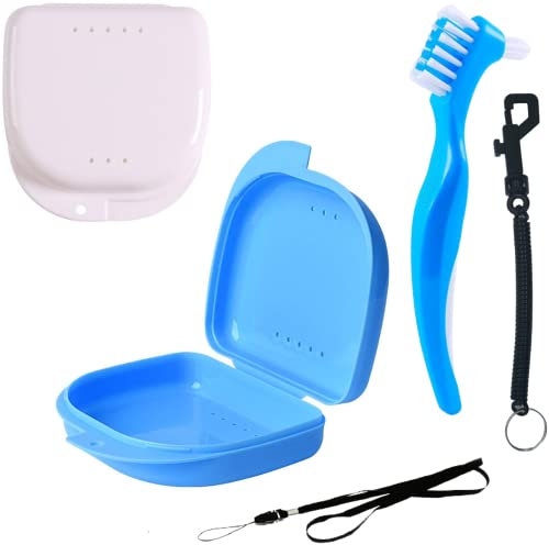[Set 5 st.] Prothesenbürste + Zahnspangendosen mit Kordel band, Karabiner für Kinder | Zanspangenbox mit Luftlöchern | Set Zahnersatzbürste + Zahnprothesen Behälter für Unterwegs (Blau + Weiß)
