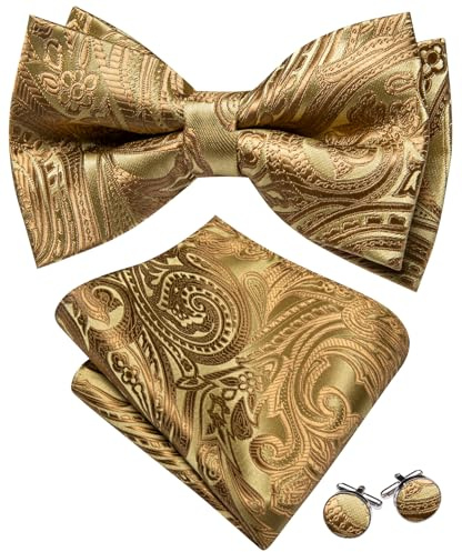 Barry.Wang Mens Bowties Paisley Flower Silk Bow Tie Set with Handkerchief Cufflink Wedding Business