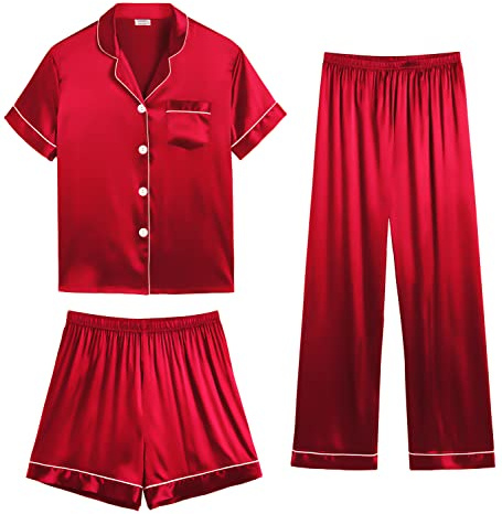 SWOMOG Womens Silk Satin Pajama Sets 3Pcs Button Down Pj Set Short Sleeve Sleepwear Loungewear Pjs Nightwear XS-XXL(Red, Medium)