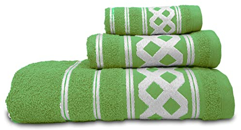 briebe Home Juego de Toallas Baño 100% algodón Rizo 450gr, Set 3 Piezas, Amazonica Basic, 3 Tamaños Ducha Sábana, Manos, Tocador, Cenefa Rombos Bordada, Hecho en Portugal Verde Aceituna