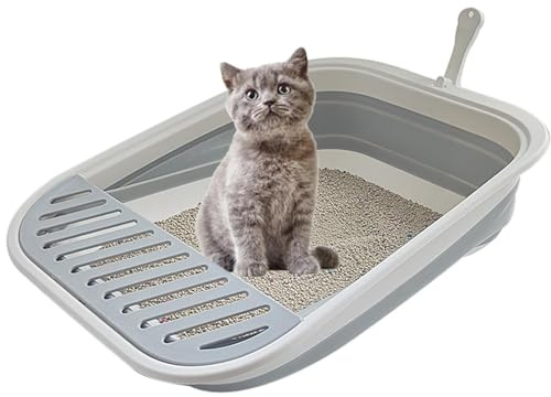 chuyouan Collapsible Kitten Litter Box, 17.7 x 13.4 x 5 inch Open Cat Potty Pan with Scoop Foldable Shallow Cat Toilet Anti-Splashing Low Entrance Travel Litter Box with Falling Sand Pedal Grey