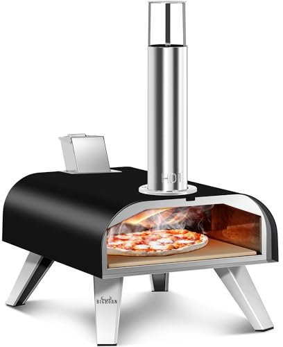 BIG HORN OUTDOORS Pizzaöfen Outdoor Holzpellet Pizzaofen Holzbefeuert Pizzabereiter mit Tragetasche Tragbarer Edelstahl Pizzagrill Schwarz