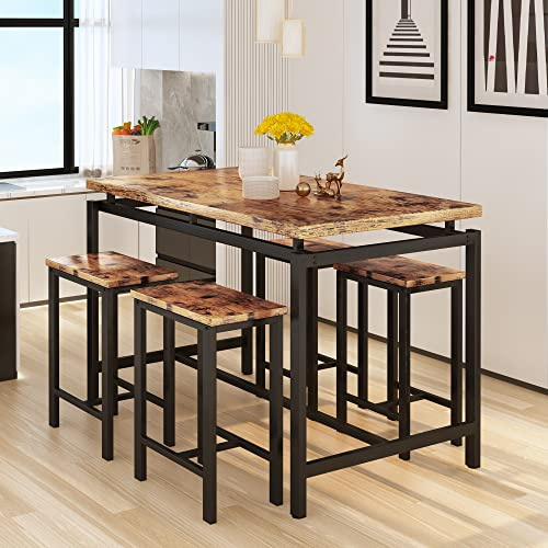 HOOSENG Dining Table and Chairs Set 4, Counter Height Breakfast Bar Table and Stools Set, Space Saving Small Kitchen Table and Chairs Set 4 for Breakfast Living Room, Rustic Brown