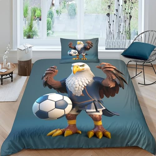 HMLTD Fußball-Falke 3D Gedruckter Fußball-Bettwäsche Für Kinder Mädchen Jungen Bettbezug Set Bettwäschegarnitur Reissverschluss Und Kissenbezüge Weich Microfaser Bettwäsche 2 Teilig Single（135x200cm）