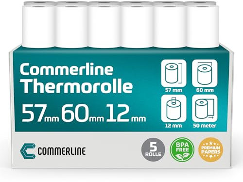 Commerline Thermorollen 57mm x 60mm x 12mm, 50 Meter, 5 Rolle, Ec rollen, Bonrollen Ec gerät, Thermopapier, Kassenrollen