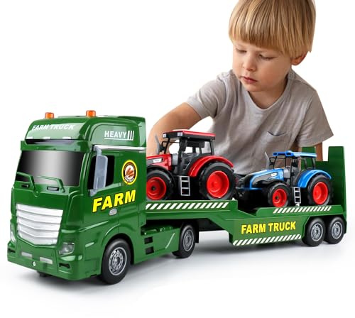 Dwi Dowellin Large Flatbed Semi Truck Toy for Kids,Includes Farm Vehicles,Car Toy Birthday Gift for 2 3 4 5 Years Old Boys and Girls