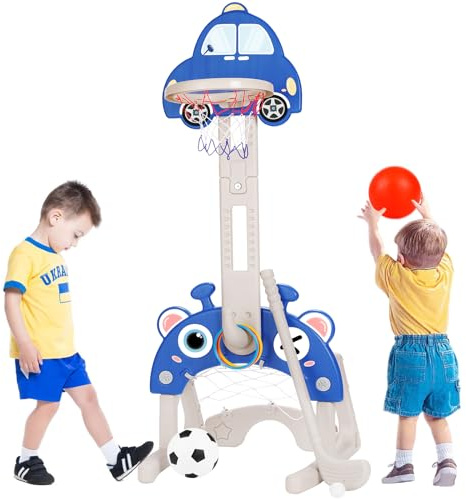 CYFIE Kids Basketball Hoop, 4-in-1 Height Adjustable Basketball Hoop, Football Goal, Golf and Ring Toss, Toddler Activity Center Set Toy Gifts for Girls Boys Sports Indoor Outdoor (Blue)