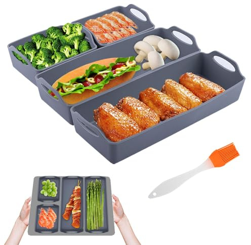 4PCS Silicone Baking Tray Dividers + 1PC Silicone Oil Brush, Gray Baking Sheet Pan Dividers Nonstick Tray, 9g Orange Oil Brush for Meal Prep, Air Fryer, Oven Safe