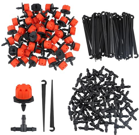 Auto Plant Watering System, 150 PCS Drip Irrigation System, 50 Adjustable Micro Dripper + 50 Tee-Connector + 50 Drip Support Stake, Drip Feed Self Watering Systems for Lawn Outdoor Plants Greenhouse