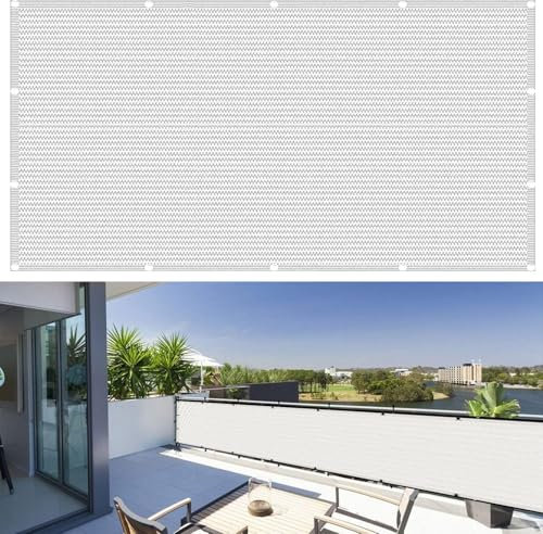 Balkon Sichtschutz Balkonumspannungen 300 x 70 cm Wind- Und Uv-Schutz Wetterfest, Balkonbespannung Balkonsichtschutz, mit Kabelbinder Und Kordel, für Balkon Zaun Garten, Weiß