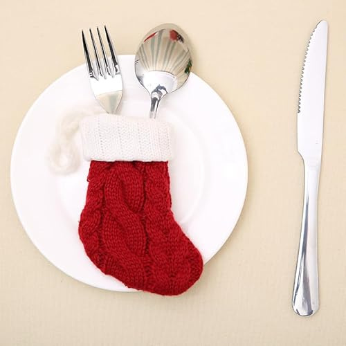 2Pcs Christmas Tableware Silverware Holders Set, Red Knitted Christmas Stockings Knife and Fork Bags Covers for Thanksgiving New Year Party Decorations Xmas Dinner Table Decor Ornaments (Red)