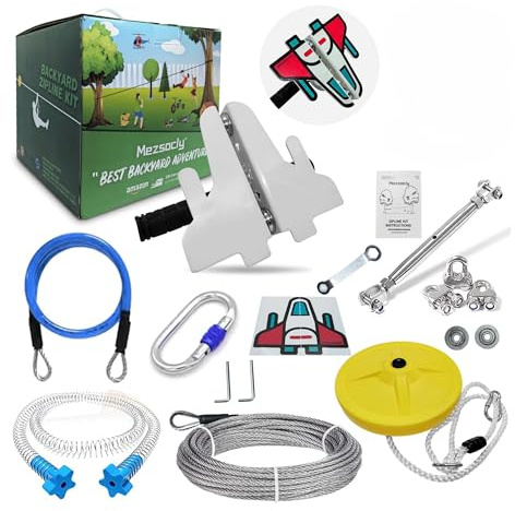 Slackline Set Tyrolienne Enfant Zipline kit 24m 80FT tyrolienne pour Enfants et Adultes, Jeu d'aventure, jusqu'à 150kg résistant, câble de sécurité et Frein à Ressort,Style d'avion Rouge