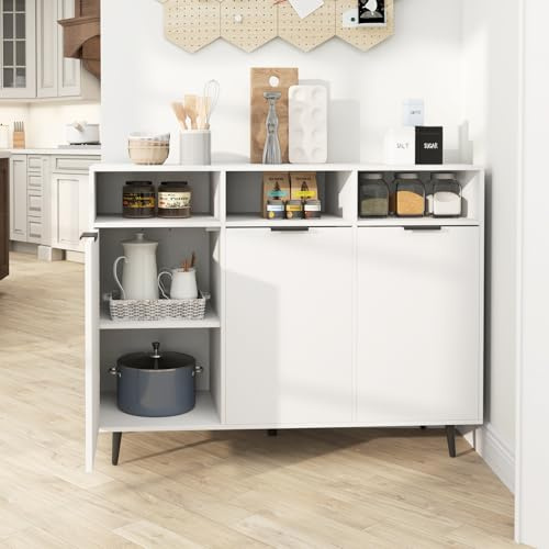 GIANTEX Credenza da Buffet con 3 Ante, Mobilellto da Cucina con Ripiani Regolabili in Altezza, 3 Scomparti Aperti e 3 Armadi, Armadietto Autoportante per Bar, Soggiorno e Sala da Pranzo, Bianco
