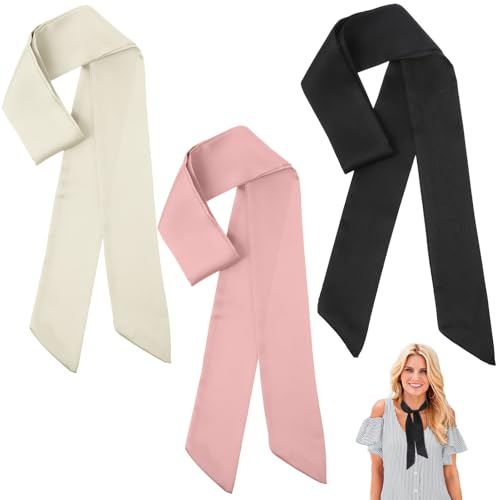 Abeillo 3 Pcs Solid Color Long Neckerchief Skinny Scarf Neck Ribbon Sash Necktie Satin Belts Handbag Wrap Accessory (Black, Beige, Pink)