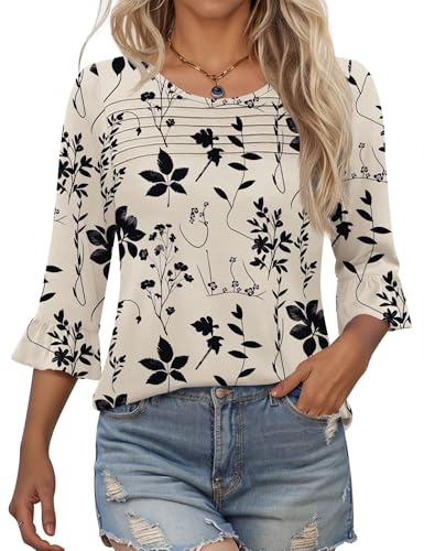 Kistore 3/4 Sleeve Shirts for Women Floral Blouses Ruffle Sleeve Pleated Tunics Summer Blouses 2025 Trendy Office Work Tops XL