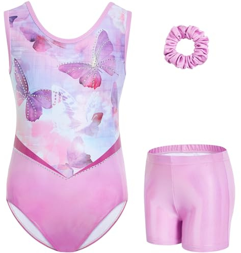 Gogokids Flickor, ärmlös, strass, gymnastikset, 3-delat barn, leotard med shorts och hårband, mesh-insydd halsringning, gymnastikdräkt, flickset i åldern 3–12, perfekt som en gåva för gymnastik, Rosa