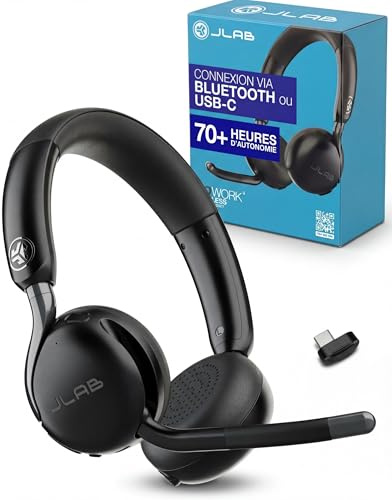 JLab Go Work 3 Office Wireless Headset with Microphone - 70+ H PC Bluetooth Headset or USB C Dongle, Noise Cancelling Mic, Multipoint, On Ear Wireless Office Computer Headsets with Microphone