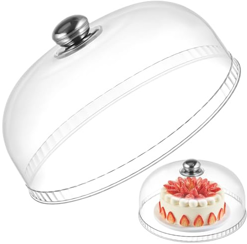 GARVALON Plateau à Gâteau Cloche en Plastique Transparent et Acier Inoxydable, Couvercle Pratique et Robuste pour Dessert, pour Fête d'anniversaire ou Soirée Vin