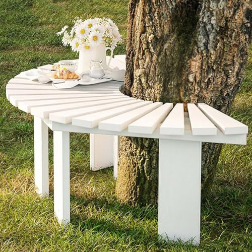 Asiento de árbol al aire libre envolvente | Banco de árbol de jardín redondo semicircular | Asientos de patio para todo clima | Banco de ocio de listones para patio trasero(Blanco,Half Round)
