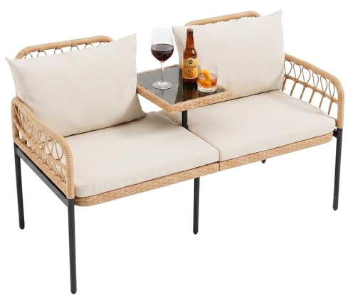 COSTWAY Banc de Jardin en Rotin PE avec Coussins & Table, Canapé de Jardin 2 Places, 5 Pieds en Métal, Patins Réglables, Banquette pour Balcon Terrasse, Charge 150 kg par Siège, 137 x 64,5 x 84 cm