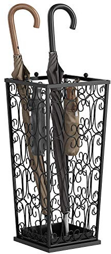 AcornFort U-02 Großer schwarzer Metallständer für Regenschirmständer, Gehstock Heimbüro Flur Aufbewahrung mit 4 Haken Oben und Einer unteren Regenwasser-undichten Ablage 56 x 25 x 25 cm