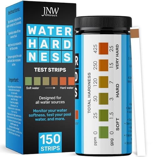 JNW Direct Water Hardness Test Strips for Home Water - 150 Strips Kit | Includes 150 water hardness test strips for tap, well and softened water with fast results and an easy color chart.