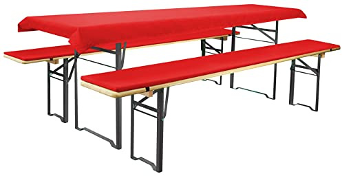 Brandsseller Auflagenset für Bierzeltgarnituren 3-teilig 2 Bankauflagen gepolstert 220x25 cm und 1 Tischdecke 240x90 cm für alle gängigen Festzeltgarnituren Bierbankauflagen Outdoor - WM Rot
