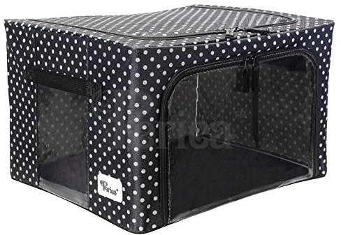 Periea ‘Beau’ Folding Collapsible Stackable Fabric Home Storage Boxes with Steel Frames (Black with White Polka Dots, Small)
