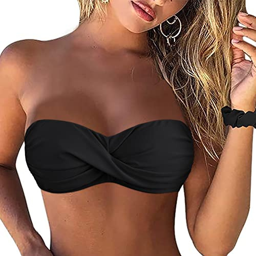 Hilor Black Push Up Swimsuits for Women Strapless Swimwear Twist Front Bathing Suits Bandeau Bikini Top 6