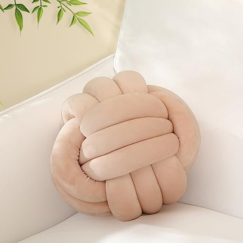 Sioloc Cuscino a sfera morbido nodo cuscino rotondo per decorazione domestica cuscino peluche cuscino annodato fatto a mano (10,6 pollici, beige)