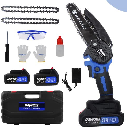 Mini Kettensäge mit Akku 3000mAh 6 Zoll Akku Kettensäge Elektro Mini-Kettensäge mit 2 Akku, 2 Ketten, Tragbare Einhand-Kettensäge Handkettensäg Elektrisch für Gartenarbeit, Holzschneiden, Beschneiden