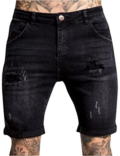 ORANDESIGNE Pantaloni Corti Uomo Bermuda Ragazzo Tasconi Cargo Jeans Strappati Pantaloni con Tasche Laterali Pantalone Uomini Estivo Shorts Elegante Slim Fit C Nero XS