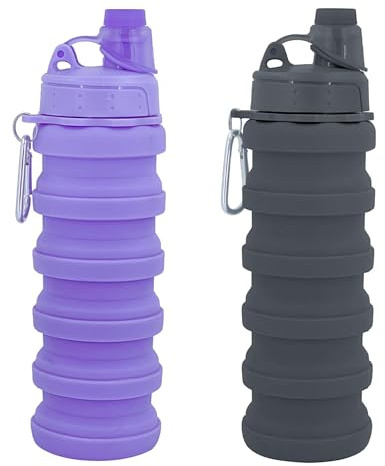 YCTMALL Collapsible Water Bottles Two Pack Travel Sports Portable Sport Water Bottle comes with mountaineering Buckle 500ml silicone Water-proof camping water bottle (Purple and Grey Color)