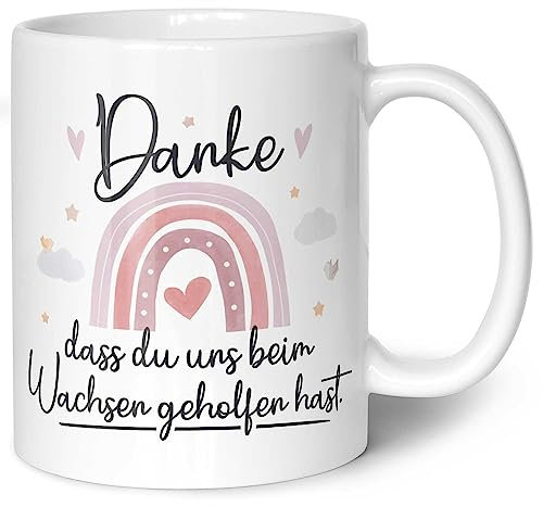 GRAVURZEILE Bedruckte Keramiktasse - Danke dass du uns beim Wachsen geholfen hast V2 - Geschenk für Erzieher zum Kindergarten Abschied - Geschenk als Dankeschön - Farbe Regenbogen Rosa - Weiß - 330 ml