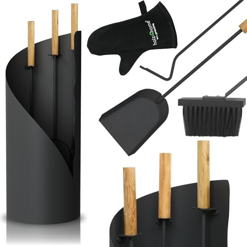 holz4home® Kaminbesteck 5-tlg. Grauschwarz mit Holzgriff inkl. Ofenhandschuh I Kaminset Kamingarnitur Anthrazit Ofenbesteck Schürhaken Besen Ascheschaufel